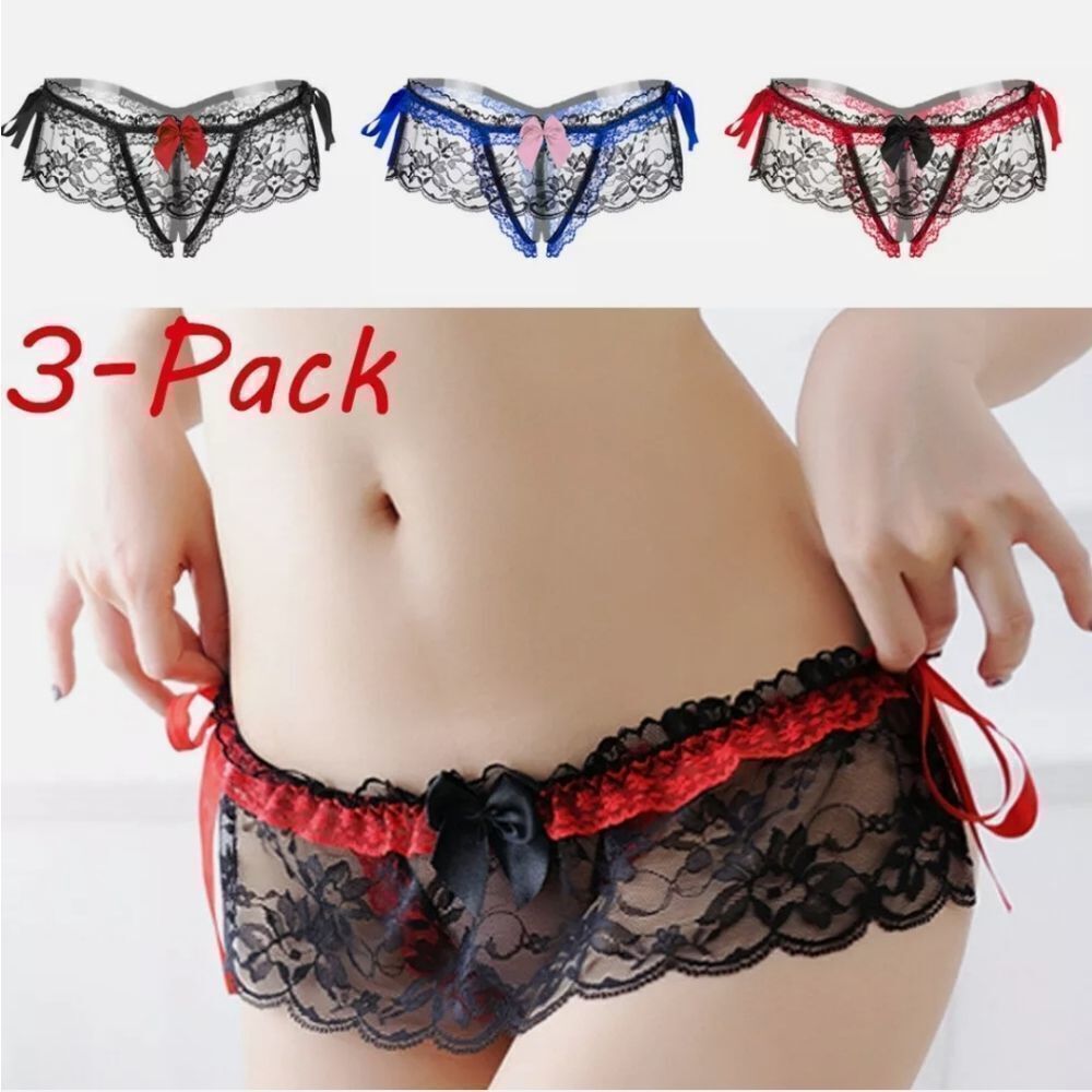 3pcs Women Sexy G-string Crothless Panty Lace Thong Underwear Bowknot T-back